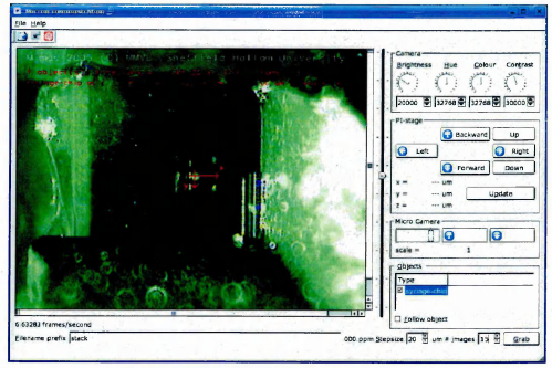 Figure 1.5: The graphical user interface of the recognition and tracking software.The x-y axis frame indicates the position of the recognised and tracked syringe chip. The image has been taken with a optical microscope and its quality is better than the images obtained with the MiCRoN camera.