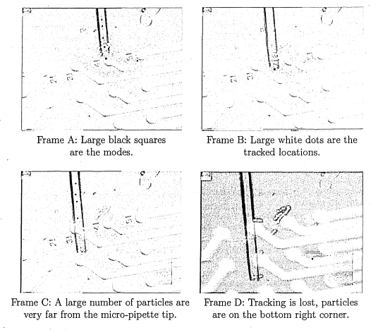 Figure 3.11: Tracking of the micro-pipette tip. Modes give an indication of thelocation of the peaks of the pdf sampled by the particles.