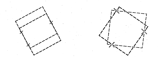 Figure 4.3: Two possible configurations of 3 points and example of squares th atmatches these configurations. On the left, 2 points are closer whereas on the right, points are equidistant.