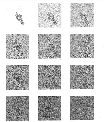 Figure 6.15: Appearance of the first image of the watch tracking sequence for different noise levels. In percentage of image noise: 0, 4, 10, 14, 20, 26, 30, 34, 38, 42,46 and 50% respectively