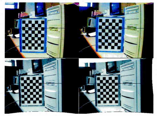 Figure B.5: Top: pair of images taken by our stereo rig. Bottom: the same pairafter standardisation. Black lines have been drawn to exhibit the alignment of the corresponding image elements.